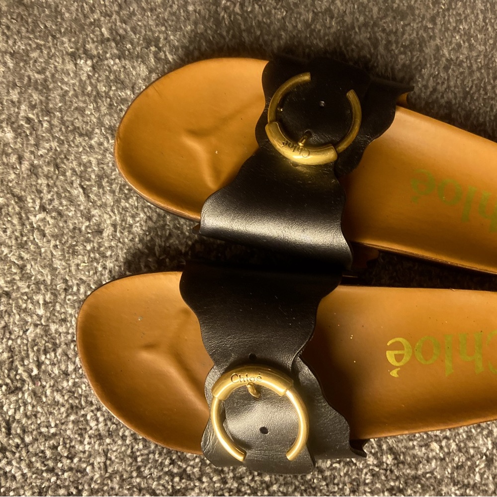 Authentic Chloe Sandals, like new! Black leather with gold Chloe buckle size10.5